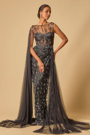 Masumi Mewawalla Stellar Embroidered Draped Gown With Attached Trail Drape 