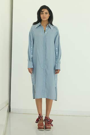 Shop Nirvanaa Blue Linen Button Down Shirt Dress 