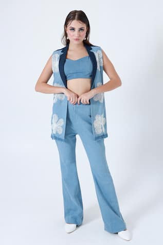 Shagufta Floral Embroidered Denim Jacket & Pant Set 