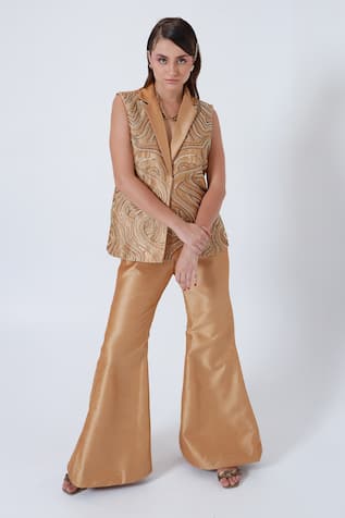 Shagufta Gold Cutdana Embroidered Jacket & Pant Set 