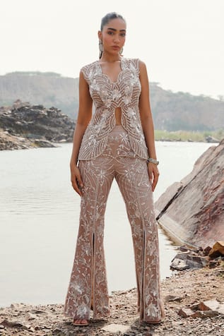 Floral Embroidered Peplum Jacket & Pant Set 