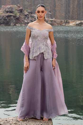 Label Moni K Dori Bloom Embroidered Peplum Top & Sharara Set 