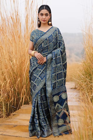 Geroo Jaipur Blue Bandhani Silk Saree With Blouse Piece 