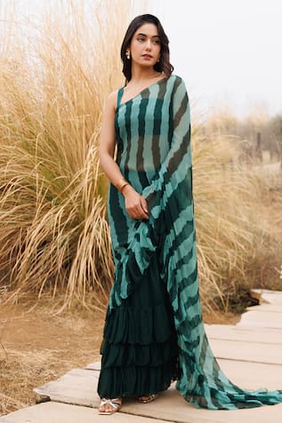 Geroo Jaipur Ruffle Bordered Pre-Stitched Saree & Unstitched Blouse Piece 