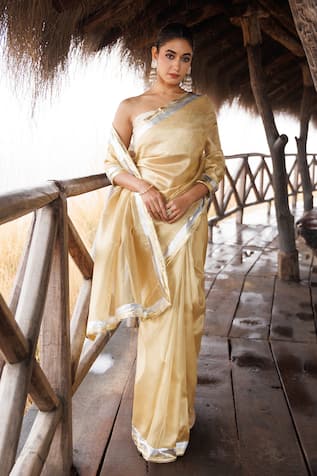 Geroo Jaipur Beige Gota Lace Woven Saree Set 