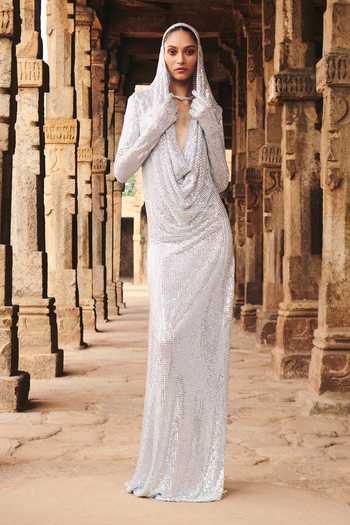 Itrh Silver Crystal Embellished Draped Maxi Dress 