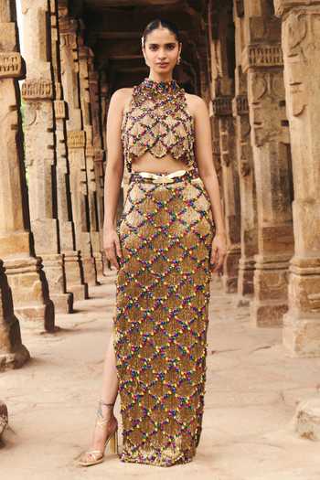Itrh Gold Embellished Crop Top & Skirt Set 