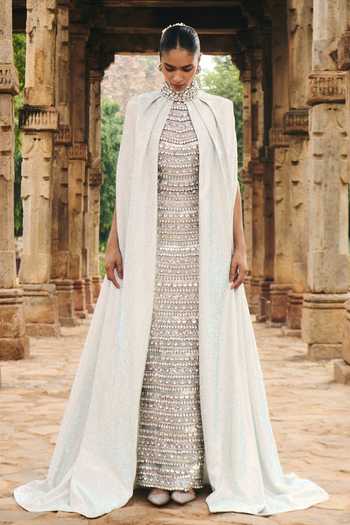 Itrh Silver Sequin Embroidered Maxi Dress & Cape 