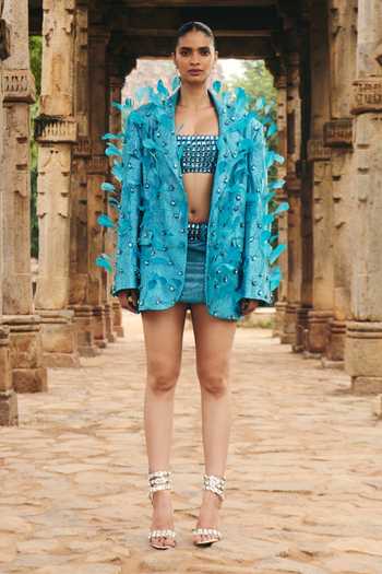 Itrh Turquoise Crystal Feather Jacket Skirt Set 