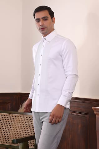 Abkasa White Striped Pintuck Panel Shirt 