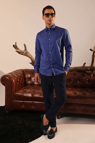 Abkasa Tonal Thread Embroidered Blue Shirt 
