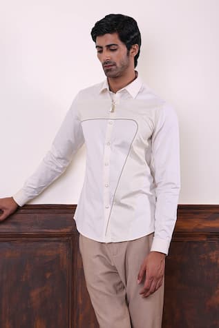 Abkasa Beige Curved Patchwork Panel Shirt 
