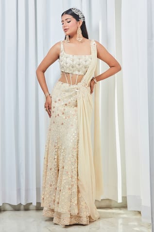 Saaj by Ankita Embroidered Cutout Draped Saree Gown 