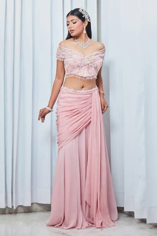 Saaj by Ankita Metallic Bead Embroidered Crop Top & Draped Skirt Set 