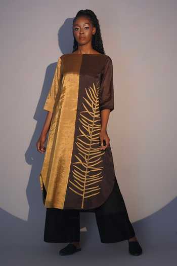Taika By Poonam Bhagat Gold & Brown Fern Embroidered Tunic Set 
