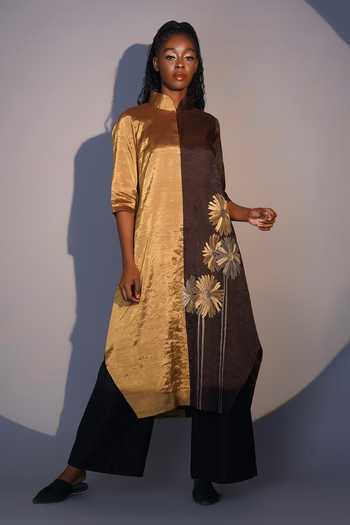 Taika By Poonam Bhagat Gold & Brown Sunflower Embroidered Tunic Set 