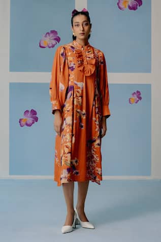 Uri By Mrunalini Rao Rust Orange Floral Print Midi Dress 