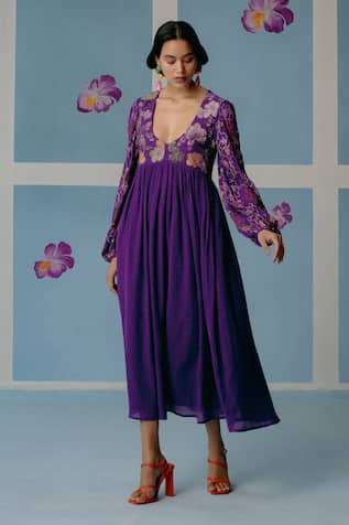 Uri By Mrunalini Rao Floral Applique Embroidered Midi Dress 