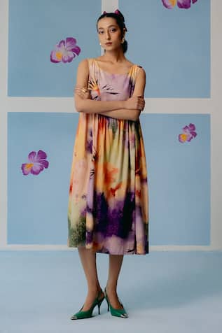Uri By Mrunalini Rao Multi Color Abstract Print Midi Dress 