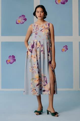 Uri by Mrunalini Rao Floral Embroidered Box Pleated Midi Dress 