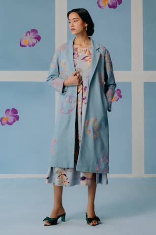 Uri by Mrunalini Rao Powder Blue Floral Embroidered Trench Coat 