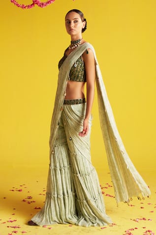 Studio Bagechaa Sera Dot Print Pre-Draped Tiered Skirt Saree With Bustier 