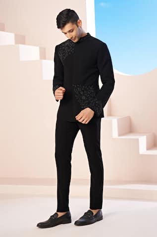 Hilo Design Black Floral Embroidered Bandhgala & Trouser 