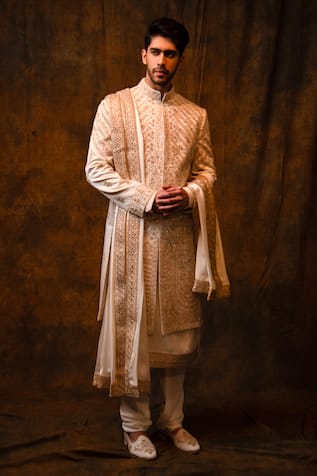 Char Chaand Zardozi Hand Embroidered Sherwani Set 