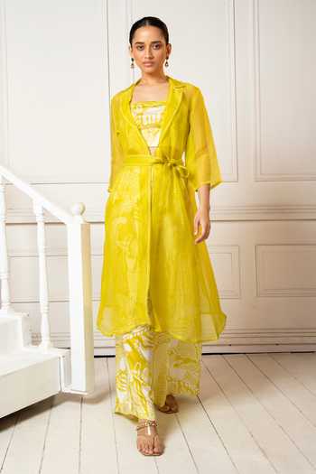Oshi By Shikha Lemon Yellow Sheer Jacket Pant Set 