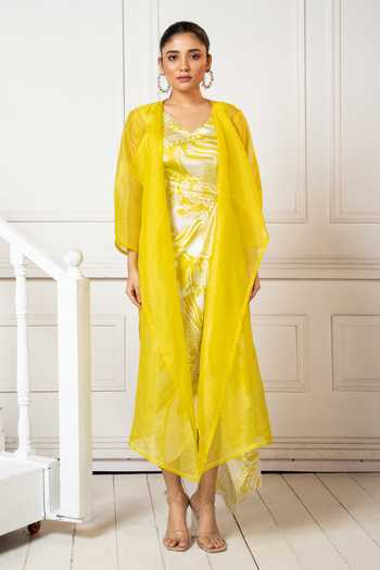 Oshi By Shikha Yellow Sheer Jacket & Abstract Printed Dress 