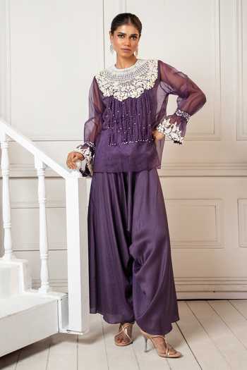 Oshi By Shikha Floral Embroidered Top & Draped Pant Set 