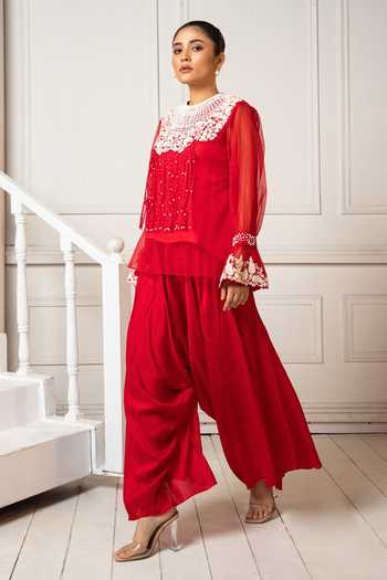 Oshi By Shikha Floral Embroidered Tasselled Top & Draped Pant 