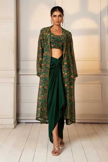 Oshi By Shikha Floral Printed Jacket & Draped Skirt Set 