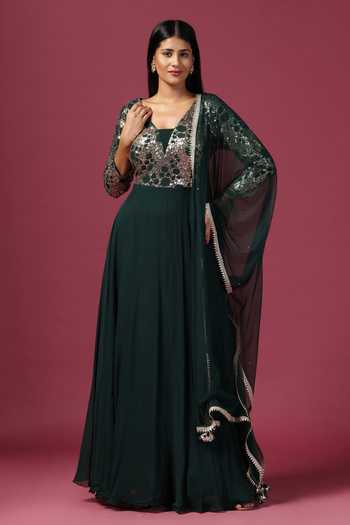 Two Sisters By Gyans Bottle Green Sequin Anarkali Set With Dupatta 
