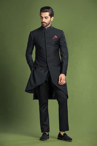 Char Chaand Asymmetric Trail Hem Solid Sherwani 