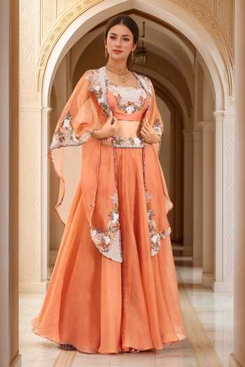 Prisho Thread Embroidered Cape & Lehenga Set 