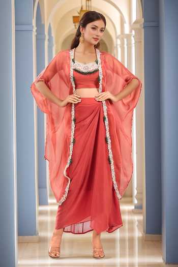 Prisho Floral Dori Embroidered Cape & Skirt Set 