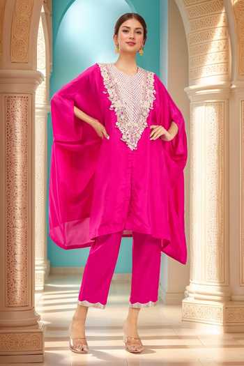 Prisho Floral Resham Embroidered Kaftan & Pant Set 
