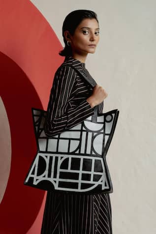 Geometric Design Black Leather Tote Bag 