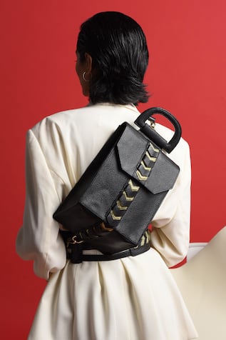 Black Leather Patchwork Satchel Bag 