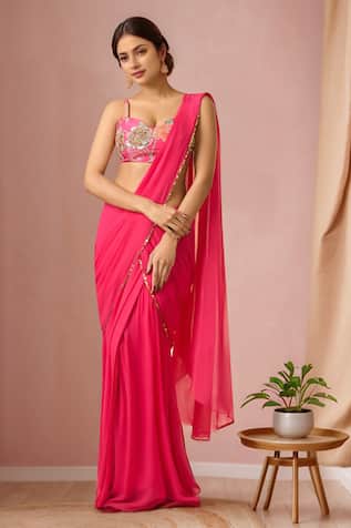 Floral Sequin Embroidered Pre-Draped Saree 
