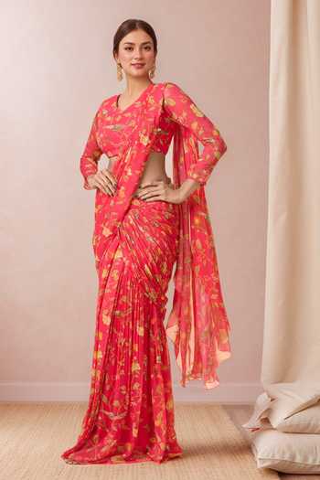 Paulmi And Harsh Coral Floral Vine Printed Pre-Draped Saree 
