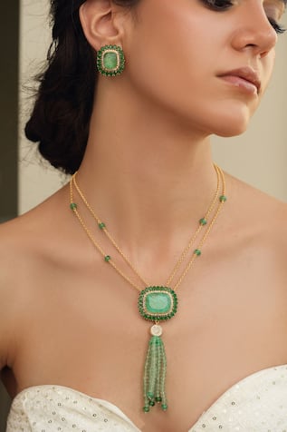 Green Stone Bead Pendant Necklace Set 