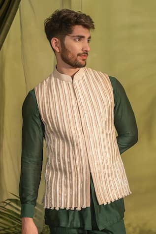 Pearl Embroidered Dori Stripe Nehru Jacket 