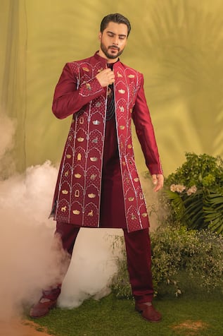 Runit Gupta Red Mughal Jaal Embroidered Sherwani Set 