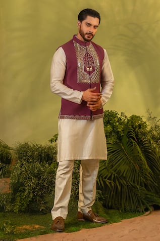 Runit Gupta Ivory Chanderi Silk Kurta & Pant Set 