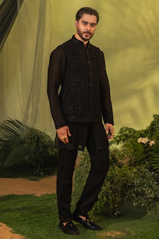 Runit Gupta Black Smocked Kurta & Pant Set 