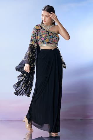 Samyukta Singhania Embroidered One-Shoulder Blouse Skirt Set 