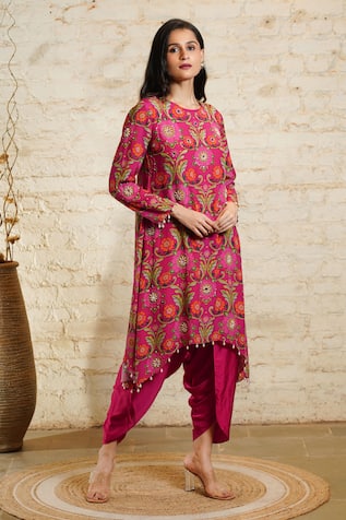 Sajeda A Lehry Nusrat Floral Print Asymmetric Tunic With Dhoti Pant 