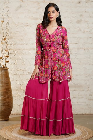 Sajeda A Lehry Rooh Floral Print Peplum With Sharara 